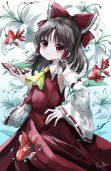 Rule 34 | 1girl, absurdres, alcohol, animal, ascot, bare shoulders, black hair, blush, bow, closed mouth, commentary, cup, detached sleeves, fingernails, fish, flower, goldfish, hair bow, hair tubes, hakurei reimu, hand on own hip, highres, holding, holding cup, japanese clothes, kayon (touzoku), long hair, looking at viewer, nontraditional miko, red bow, red eyes, red skirt, ribbon-trimmed sleeves, ribbon trim, sakazuki, sake, sidelocks, signature, skirt, smile, solo, touhou, white flower, white sleeves, wide sleeves, yellow ascot