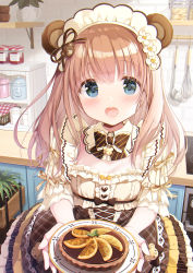 Rule 34 | 1girl, animal ears, bear ears, blue eyes, blush, bottle, bow, breasts, brown bow, brown hair, brown skirt, commentary request, diagonal stripes, flower, food, frilled skirt, frills, hair flower, hair ornament, highres, holding, holding plate, indoors, kimishima ao, ladle, long hair, looking at viewer, momoi saki, open mouth, original, plant, plate, potted plant, shelf, shirt, short sleeves, skirt, small breasts, solo, striped, striped bow, whisk, white flower, white shirt