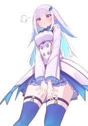 Rule 34 | 1girl, blue hair, blue thighhighs, blunt bangs, colored inner hair, dress, frills, from below, hair ornament, hairclip, highres, lize helesta, looking down, multicolored hair, nijisanji, pout, purple eyes, simple background, solo, take (user ypzx8253), thighhighs, virtual youtuber, white background, white hair, zettai ryouiki