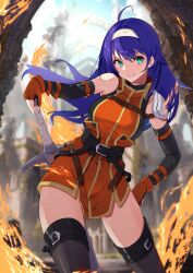 Rule 34 | 1girl, absurdres, ahoge, bare shoulders, belt, blue hair, breasts, detached sleeves, fingerless gloves, fire, fire emblem, fire emblem: path of radiance, fire emblem: radiant dawn, gloves, green eyes, grin, hairband, hand on hilt, headband, highres, large breasts, long hair, looking at viewer, mia (fire emblem), murumi, nintendo, orange gloves, sheath, sheathed, smile, solo, sword, thighhighs, weapon, white hairband, white headband, zettai ryouiki