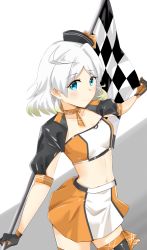 Rule 34 | 1girl, beret, black gloves, black hat, black jacket, blue eyes, checkered flag, cowboy shot, crop top, cropped jacket, flag, gloves, gradient background, green hair, grey background, hat, holding, holding flag, jacket, kantai collection, looking at viewer, makinoki, midriff, miniskirt, multicolored bandeau, natsugumo (kancolle), navel, official alternate costume, race queen, short hair, skirt, solo, two-tone background, two-tone skirt, white background, white hair