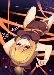 Rule 34 | 1girl, black shirt, blonde hair, bow, breasts, brown bow, brown dress, brown eyes, closed mouth, commentary request, covered navel, dress, hair bow, highres, kurodani yamame, legs, looking at viewer, lying, medium breasts, on back, ponytail, ribbon, shirt, short hair, short sleeves, silk, smile, spider web, star (sky), thighs, torn clothes, touhou, turtleneck, twitter username, yadoyuki, yellow ribbon