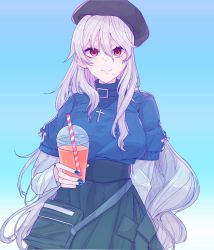 Rule 34 | 1girl, arknights, bag, beret, black hat, black skirt, blue background, blue nails, blue shirt, closed mouth, commentary, cross, cross necklace, cup, drinking straw, fingernails, grey hair, handbag, hat, highres, holding, holding cup, jewelry, juliet sleeves, long hair, long sleeves, looking at viewer, nail polish, necklace, puffy sleeves, red eyes, shirt, simple background, skirt, smile, solo, specter (arknights), tsume3mai, upper body, very long hair