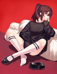 Rule 34 | 1girl, absurdres, bare legs, crossed legs, dl (dl 6ix), feet, hand on own face, high ponytail, highres, kneehighs, looking at viewer, mary janes, original, pillow, ponytail, red background, red eyes, red hair, shoe soles, shoes, single shoe, sitting, socks, solo, sweater, unworn shoes, unworn socks, white socks