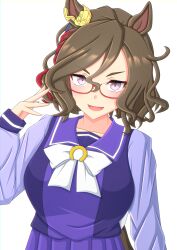 Rule 34 | 1girl, 2-butani, absurdres, animal ears, bespectacled, blush, bow, breasts, brown hair, commentary request, ear ornament, glasses, hair between eyes, highres, horse ears, horse girl, horse tail, large breasts, long sleeves, looking at viewer, purple eyes, purple serafuku, purple shirt, purple skirt, red-framed eyewear, sailor collar, school uniform, semi-rimless eyewear, serafuku, shirt, short hair, simple background, skirt, smile, solo, tail, tap dance city (umamusume), umamusume, upper body, v-shaped eyebrows, white background, white bow