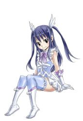 Rule 34 | 1girl, blue hair, boots, bow, brown eyes, child, dress, fairy tail, frills, gloves, long hair, mashima hiro, official art, simple background, solo, thighhighs, two side up, wendy marvell