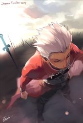 Rule 34 | 1boy, archer (fate), bad id, bad pixiv id, closed eyes, dark-skinned male, dark skin, e volution, fate/stay night, fate (series), field of blades, from above, highres, male focus, solo, unlimited blade works (fate), white hair