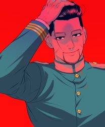 Rule 34 | 10s, 1boy, black eyes, black hair, blood, blood on clothes, blood on face, facial hair, facial scar, goatee, golden kamuy, hair slicked back, hand on own head, highres, male focus, military, military uniform, ogata hyakunosuke, red background, scar, scar on cheek, scar on face, smile, solo, tariah furlow, uniform, upper body
