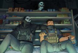 Rule 34 | 2boys, absurdres, bara, black gloves, black hair, black jacket, black shirt, blue pants, bulletproof vest, call of duty, call of duty: modern warfare 2, ghost (modern warfare 2), gloves, highres, indoors, jacket, looking at another, male focus, mask, mindiearts, monster, multiple boys, muscular, muscular male, pants, shirt, short hair, skull mask, soap (modern warfare 2), twitter username