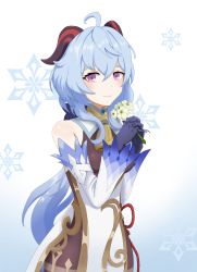 Rule 34 | ahoge, bare shoulders, bell, black gloves, blue hair, chinese knot, detached sleeves, flower, ganyu (genshin impact), genshin impact, gloves, gold trim, highres, holding, holding flower, horns, long hair, looking at viewer, neck bell, purple eyes, qingxin flower, sidelocks, solo, suiren (moon haq), thighlet, white sleeves