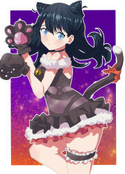 Rule 34 | 1girl, absurdres, animal ears, animal hands, ass, bell, black hair, blue eyes, blush, breasts, cat, cat ears, cat paws, cat tail, gloves, gridman universe, halloween, halloween costume, highres, jiangshi, long hair, looking at viewer, paws, sho (shoshos 8888), skirt, solo, ssss.gridman, tail, takarada rikka, thighs