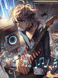 Rule 34 | 1boy, artist name, beamed quavers, collar, cookie run, cup, expressionless, guitar, instrument, kawacy, male focus, monitor, musical note, personification, quaver, rockstar cookie, sitting, solo, speaker, spiked collar, spikes, treble clef
