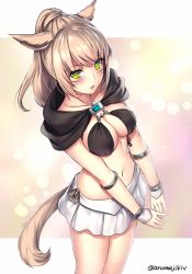 Rule 34 | 10s, 1girl, animal ears, armlet, aruma jiki, bikini, bikini top only, blurry, bokeh, breasts, brown hair, capelet, cat ears, cat tail, collarbone, cowboy shot, depth of field, eyebrows, facial mark, final fantasy, final fantasy xiv, green eyes, high ponytail, looking at viewer, looking up, medium breasts, midriff, miniskirt, miqo&#039;te, navel, skirt, solo, stomach, swimsuit, tail, twitter username, v arms, warrior of light (ff14), whisker markings, white skirt, wrist cuffs