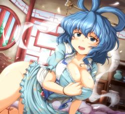 Rule 34 | 1girl, all fours, arm support, bedroom, bent over, blue dress, blue eyes, blue hair, blush, breasts, chest of drawers, cleavage, clothes pull, dress, female focus, frilled dress, frilled pillow, frills, hair ornament, hair rings, hair stick, hand on own chest, indoors, kaku seiga, large breasts, looking at viewer, matching hair/eyes, no bra, no panties, ofuda, on bed, open mouth, pillow, puffy short sleeves, puffy sleeves, round window, shawl, shelf, shirt pull, short hair, short sleeves, smile, solo, touhou, vase, vest, wavy hair, window, wristband, yoriyuki chiyo