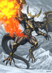 Rule 34 | 1boy, arm blade, armor, bad id, bad pixiv id, claws, dragon, dragon horns, dragon tail, fire, glowing, highres, horns, kamen rider, kamen rider kuuga, kamen rider kuuga (series), kamen rider kuuga (ultimate form), large wings, looking at viewer, male focus, no humans, no pupils, open mouth, red eyes, scales, sennsu, shoulder armor, single horn, solo, tail, weapon, western dragon, wings