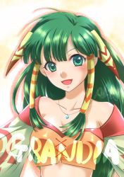 Rule 34 | 1girl, akihi murata, breasts, copyright name, feena (grandia), grandia, grandia i, green eyes, green hair, hair ornament, hair tubes, highres, jewelry, long hair, looking at viewer, medium breasts, midriff, necklace, open mouth, simple background, smile, solo