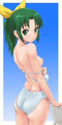 Rule 34 | 10s, 1girl, :o, absurdres, arm support, ass, bare shoulders, blush, breasts, competition swimsuit, green eyes, green hair, highres, long image, looking back, matching hair/eyes, midorikawa nao, nipples, one-piece swimsuit, precure, rasukaru, shiny skin, skindentation, small breasts, smile precure!, solo, swimsuit, tall image, undressing