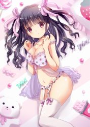 Rule 34 | 1girl, babydoll, bad id, bad pixiv id, black hair, food print, garter straps, highres, long hair, mini39mame, original, red eyes, solo, strawberry print, thighhighs, two side up