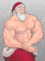 Rule 34 | 1boy, abs, ass, bad anatomy, bara, beard, christmas, facial hair, flexing, hat, highres, hunterkay, large pectorals, looking at viewer, male focus, manly, muscular, nipples, original, pectorals, santa costume, santa hat, side chest pose, smile, snow, snowing, solo, topless male, undressing