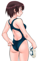 Rule 34 | 1girl, adjusting clothes, adjusting swimsuit, ass, azumanga daiou, bad id, bare back, bare shoulders, blue one-piece swimsuit, blush, breasts, brown eyes, brown hair, competition swimsuit, cowboy shot, facing away, from behind, goggles, unworn goggles, highleg, highleg swimsuit, holding, holding goggles, kagura (azumanga daioh), looking ahead, medium breasts, one-piece swimsuit, parted lips, ryunosuke (tomokazu), short hair, simple background, solo, standing, swim cap, unworn swim cap, swim goggles, swimsuit, thigh gap, wedgie, white background