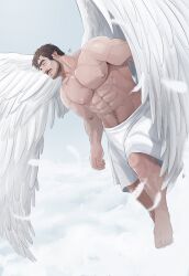 Rule 34 | 1boy, abs, angel, angel wings, arm hair, bara, beard stubble, facial hair, falling feathers, feathered wings, feathers, floating, full body, highres, jojiart, large pectorals, male focus, mature male, muscular, muscular male, mustache, navel hair, nipples, original, pectorals, sarong, sideburns, solo, stubble, thick eyebrows, topless male, white sarong, wings