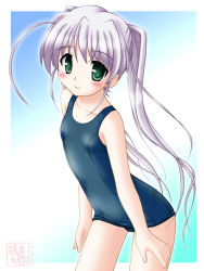 Rule 34 | 1girl, ahoge, blush, flat chest, fortune arterial, gradient background, green eyes, long hair, neopure, one-piece swimsuit, school swimsuit, smile, solo, swimsuit, tougi shiro, twintails, white hair