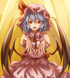 Rule 34 | 1girl, bat wings, blue hair, box, brooch, eredhen, gift, gift box, giving, gradient background, hat, hat ribbon, jewelry, looking at viewer, mob cap, open hands, open mouth, outstretched arms, red eyes, remilia scarlet, ribbon, short hair, skirt, skirt set, slit pupils, solo, touhou, wings, yellow background