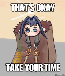 Rule 34 | 1girl, bag, black hair, blue eyes, blue hair, chain headband, closed mouth, colored inner hair, commentary, dot mouth, dual wielding, english commentary, english text, hair intakes, halo, headband, holding, holding sword, holding weapon, hololive, hololive english, image macro (meme), impact (font), lemonasty, long sleeves, mechanical halo, meme, multicolored hair, ouro kronii, ouro kronii (1st costume), paper bag, pun, short hair, solo, subway (company), sword, twitter username, veil, virtual youtuber, weapon