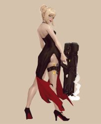 Rule 34 | 1girl, ass, bad id, bad tumblr id, bare shoulders, black dress, blonde hair, blue eyes, brown background, candy, closed mouth, dress, earrings, from behind, gun, hair bun, handgun, high heels, highres, holding, holding gun, holding weapon, holster, jewelry, lipstick, looking at viewer, looking back, makeup, original, raikoart, short hair, side slit, single hair bun, sketch, snickers (brand), solo, standing, tess turner, thigh holster, weapon, wrapped candy