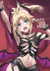 Rule 34 | 1girl, arm up, armpits, bare shoulders, blonde hair, braid, breasts, collarbone, demon girl, demon horns, demon wings, fate/apocrypha, fate (series), french braid, green eyes, halloween costume, highres, horns, long hair, looking at viewer, mordred (fate), mordred (fate/apocrypha), navel, open mouth, parted bangs, ponytail, sidelocks, small breasts, solo, teeth, tonee, wings