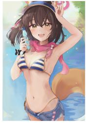 Rule 34 | 1girl, absurdres, animal ear fluff, animal ears, armpits, bikini, blue archive, blush, border, bottle, breasts, brown eyes, commentary request, damu (dapeach), day, denim, denim shorts, fang, fox ears, fox girl, fox tail, hair between eyes, hair ornament, halo, hat, highleg, highleg bikini, highres, holding, holding bottle, izuna (blue archive), izuna (swimsuit) (blue archive), looking at viewer, one side up, open mouth, outdoors, pink scarf, ramune, scarf, short shorts, shorts, small breasts, solo, sparkle, striped bikini, striped clothes, sweat, swimsuit, tail, visor cap, water, white border