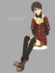 Rule 34 | 10s, 1girl, bespectacled, black eyes, black hair, casual, copyright name, cup, glasses, kantai collection, meron, mogami (kancolle), mug, short hair, simple background, solo