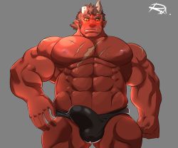 Rule 34 | 1boy, abs, bara, black male underwear, blush, briefs, brown hair, bulge, colored sclera, colored skin, cowboy shot, erection, erection under clothes, facial hair, fang, forked eyebrows, highres, horns, large pectorals, long sideburns, looking down, male focus, male underwear, muscular, muscular male, navel, nipples, oni, oni horns, orgus (f-kare), orgus (f-kare), pectorals, reclamon, red oni (housamo), red skin, scar, scar on chest, short hair, shoukan yuusha to f-kei kareshi, sideburns, solo, stubble, thick eyebrows, thick thighs, thighs, tokyo houkago summoners, underwear, underwear only, yellow sclera