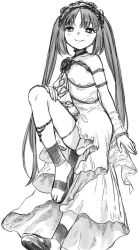 Rule 34 | 1girl, anklet, bare shoulders, dress, euryale (fate), fate/hollow ataraxia, fate (series), flower, greyscale, haguhagu (rinjuu circus), hairband, highres, jewelry, long hair, looking at viewer, monochrome, rose, sandals, simple background, smile, solo, standing, twintails, very long hair, white background