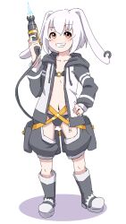 Rule 34 | 1girl, animal ears, bikini, bikini under clothes, black bikini, black footwear, black shorts, blush, boots, chaps, collarbone, commentary request, drawstring, ear piercing, full body, gluteal fold, grin, hair between eyes, hand on own hip, hand up, highres, holding, hood, hood down, hooded jacket, jacket, kuro kosyou, long sleeves, navel, o-ring, o-ring bikini, o-ring top, open clothes, open jacket, original, piercing, puffy long sleeves, puffy sleeves, rabbit ears, red eyes, shadow, short hair, shorts, simple background, smile, solo, standing, swimsuit, white background, white hair, white jacket