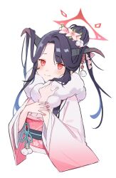 Rule 34 | 1girl, blue archive, blush, closed mouth, demon horns, flower, forehead, fur-trimmed kimono, fur trim, fuuka (blue archive), fuuka (new year) (blue archive), gradient kimono, hair flower, hair ornament, halo, highres, horns, japanese clothes, kanzashi, kimono, long hair, long sleeves, looking at viewer, nuudoru, obi, official alternate costume, parted bangs, pink flower, pink kimono, purple hair, red eyes, red halo, sash, simple background, smile, solo, twintails, upper body, white background, white kimono, wide sleeves