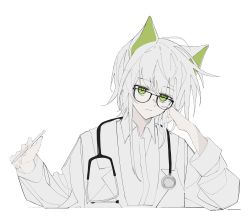 Rule 34 | 1girl, absurdres, alternate costume, animal ears, arknights, bespectacled, bright pupils, cat ears, cat girl, collared shirt, glasses, green eyes, head rest, highres, holding, holding pen, kal&#039;tsit (arknights), lihuashuangxiang, long sleeves, looking at viewer, pen, shirt, short hair, simple background, solo, upper body, white background, white pupils, white shirt