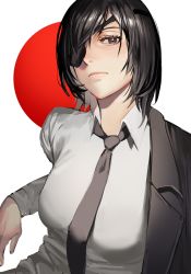 Rule 34 | 1girl, absurdres, black eyes, black hair, black jacket, black necktie, black suit, breasts, chainsaw man, circle, closed mouth, collared shirt, commentary, dress shirt, english commentary, expressionless, eyelashes, eyepatch, hair between eyes, hanny (uirusu chan), highres, himeno (chainsaw man), jacket, lips, long sleeves, looking at viewer, medium breasts, necktie, one eye covered, open clothes, open jacket, red background, shirt, short hair, simple background, solo, suit, upper body, white background, white shirt, wing collar