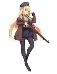 Rule 34 | 1girl, beret, black pantyhose, blonde hair, blue footwear, bullet, full body, girls&#039; frontline, green eyes, green necktie, gun, haluka (aixioo), hat, highres, holding, holding gun, holding weapon, jacket, long hair, m1 garand, m1 garand (girls&#039; frontline), necktie, official art, pantyhose, personification, pleated skirt, rifle, shoes, skirt, solo, suspender skirt, suspenders, transparent background, weapon