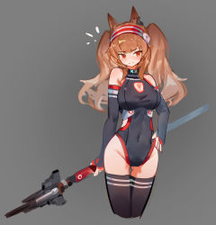 Rule 34 | 1girl, absurdres, angelina (arknights), animal ear fluff, animal ears, arknights, black leotard, black sleeves, black thighhighs, blush, breasts, brown hair, cleavage, cleavage cutout, closed mouth, clothing cutout, commentary request, covered navel, cropped legs, detached sleeves, grey background, hairband, hand on own hip, highres, holding, holding weapon, leotard, long hair, long sleeves, looking at viewer, medium breasts, red eyes, red hairband, simple background, sleeves past wrists, solo, striped clothes, striped hairband, sunligh mao, thighhighs, twintails, weapon