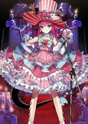 Rule 34 | 10s, 1girl, blue eyes, detached sleeves, dress, earrings, elizabeth bathory (fate), elizabeth bathory (fate/extra ccc), elizabeth bathory (third ascension) (fate), fate/extra, fate/extra ccc, fate/grand order, fate (series), gradient hair, hat, jewelry, long hair, microphone, microphone stand, multicolored hair, pointy ears, solo, split tail, striped clothes, striped dress, striped headwear, tail, vertical-striped clothes, vertical-striped dress, vertical-striped headwear, wada arco, wrist cuffs