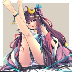 Rule 34 | 1girl, :d, absurdres, ahoge, barefoot, blush, chain, collar, crescent, crescent hair ornament, fang, feet, hair ornament, highres, legs up, long hair, looking at viewer, no headwear, no headwear, open mouth, panties, patchouli knowledge, purple hair, sitting, skin fang, smile, soles, solo, star (symbol), touhou, underwear, very long hair, white panties, woruta (soloistlist)
