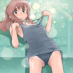 Rule 34 | 1girl, armpits, blue one-piece swimsuit, blurry, blush, bokeh, brown eyes, brown hair, commentary request, cowboy shot, depth of field, from above, green background, looking at viewer, lowres, medium hair, mizukane, ogino chihiro, one-piece swimsuit, open mouth, ponytail, pulling own clothes, school swimsuit, sen to chihiro no kamikakushi, solo, studio ghibli, swimsuit, wide-eyed
