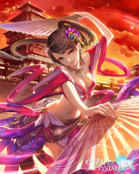 Rule 34 | 1girl, architecture, bad id, bad pixiv id, bare shoulders, belt, blue eyes, breasts, brown hair, building, cleavage, cloud, copyright name, cowboy shot, dancing, dual wielding, earrings, east asian architecture, eyelashes, floating hair, floral print, folding fan, gem, hair ornament, hand fan, head chain, head tilt, holding, holding fan, jewelry, long hair, looking at viewer, luen kulo, midriff, necklace, official art, outdoors, pagoda, parted lips, pink lips, ponytail, red sky, revealing clothes, shawl, skirt, sky, smile, solo, sparkle, stomach, swept bangs, tenkuu no crystalia, wall