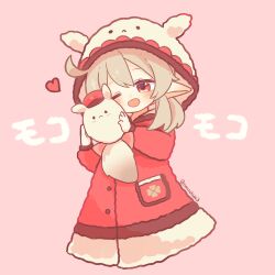 Rule 34 | 1girl, ;d, ahoge, artist name, blonde hair, blush, buttons, clover print, coat, commentary request, cropped legs, dodoco (genshin impact), genshin impact, hair between eyes, hands up, heart, highres, holding, hood, hood up, hooded coat, jumpy dumpty, klee (genshin impact), long sleeves, low twintails, medium hair, mochida, one eye closed, open mouth, pink background, pocket, red coat, red eyes, sidelocks, simple background, smile, solo, twintails, twitter username