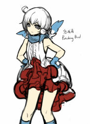 Rule 34 | 1girl, ahoge, armpits, bird hair ornament, blue gloves, blue scarf, blue socks, center frills, closed mouth, dress, flat chest, frilled dress, frills, gloves, grey eyes, hair ornament, hands on own hips, head wings, lobotomy corporation, nishikujic, personification, project moon, punishing bird, scarf, short hair, simple background, sleeveless, sleeveless dress, socks, solo, white background, white hair, wings