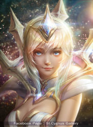 Rule 34 | 1girl, 2016, blonde hair, blue eyes, breasts, cleavage, cleavage cutout, clothing cutout, collar, dated, elementalist lux, eyelashes, facebook username, hair ornament, highres, large breasts, league of legends, light elementalist lux, light smile, looking at viewer, lux (league of legends), short hair, signature, solo, spiked collar, spikes, st. cygnus, tiara
