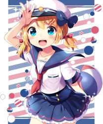 Rule 34 | 1girl, :d, arm up, ball, blonde hair, blue bow, blue eyes, blue skirt, blush, bow, collarbone, cowboy shot, hair bow, hat, hat bow, holding, holding ball, ikari (aor3507), kagamine rin, looking at viewer, miniskirt, neckerchief, open mouth, red bow, red neckerchief, shirt, short hair, short sleeves, short twintails, skirt, smile, solo, standing, twintails, vocaloid, white background, white hat, white shirt