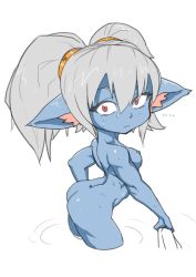 Rule 34 | 1girl, artist request, ass, blue skin, breasts, colored skin, curvy, hair between eyes, hair ornament, league of legends, looking at viewer, nipples, nude, pointy ears, poppy (league of legends), small breasts, source request, sweat, toned, twintails, wet, white hair, yordle