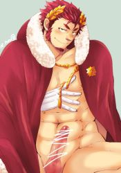 Rule 34 | 1boy, abs, bara, bare pectorals, blush, cape, claude (housamo), erection, facial hair, fur-trimmed cape, fur trim, gakei3, gloves, goatee, hood, hooded cape, laurel crown, long sideburns, looking at viewer, male focus, mature male, muscular, muscular male, naked cape, naughty face, nipples, pectorals, penis, red cape, red hair, scribble, short hair, sideburns, solo, spread legs, stomach, thick eyebrows, tokyo houkago summoners, white gloves